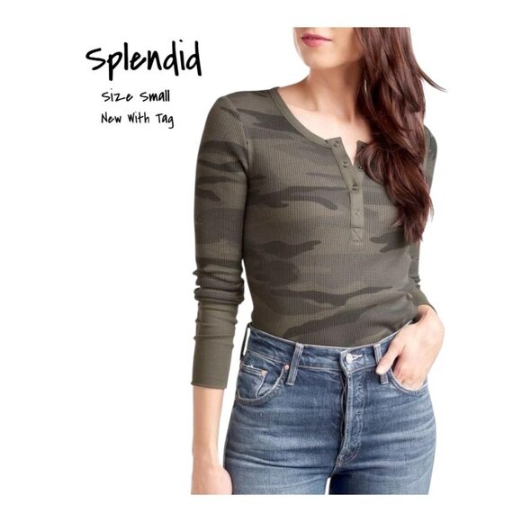 Splendid Camouflage Thermal Henley Shirt Top Long Sleeve Size Small New With Tag - Picture 1 of 4
